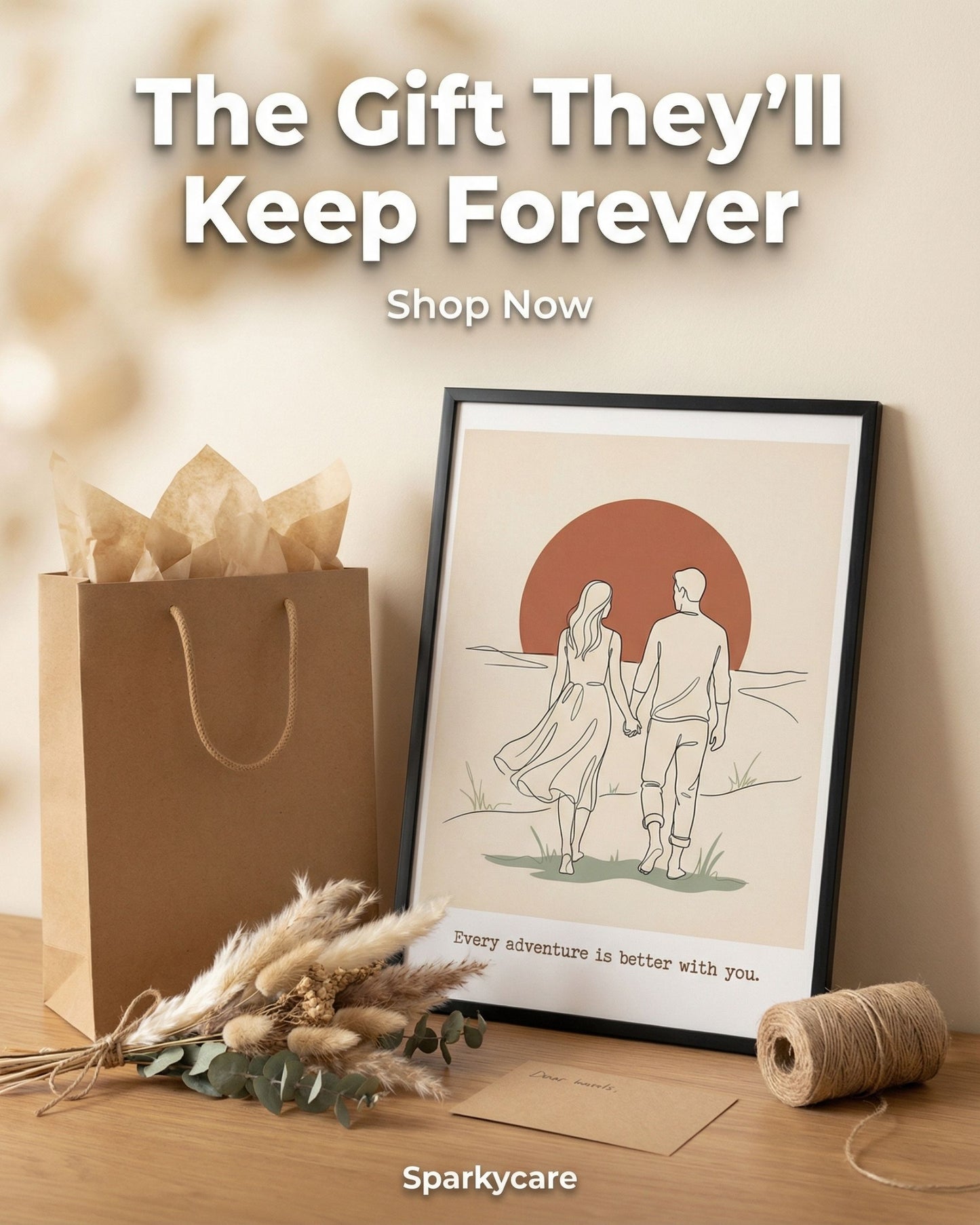 Framed artwork of a couple holding hands with a gift bag and decorative elements on a wooden surface.