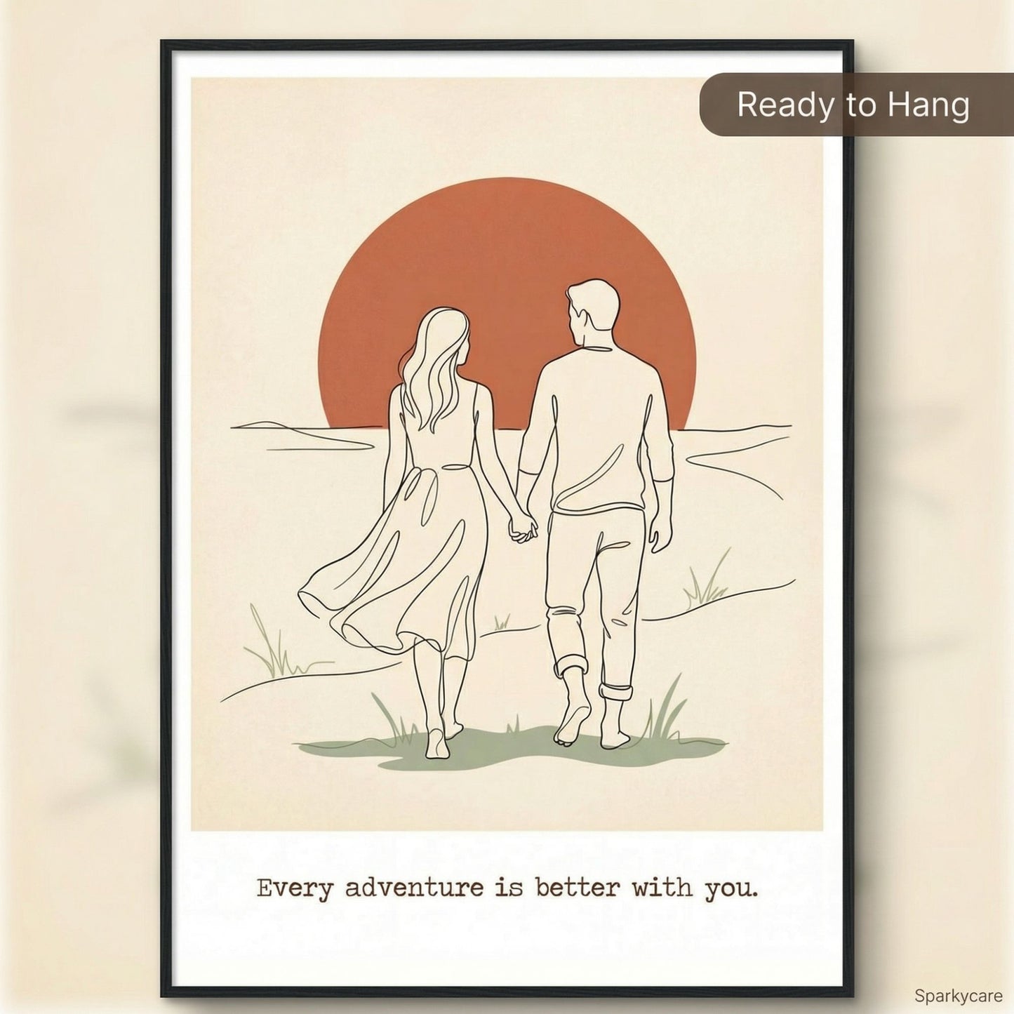 Framed artwork of a couple walking together with a sunset, featuring the quote 'Every adventure is better with you.'