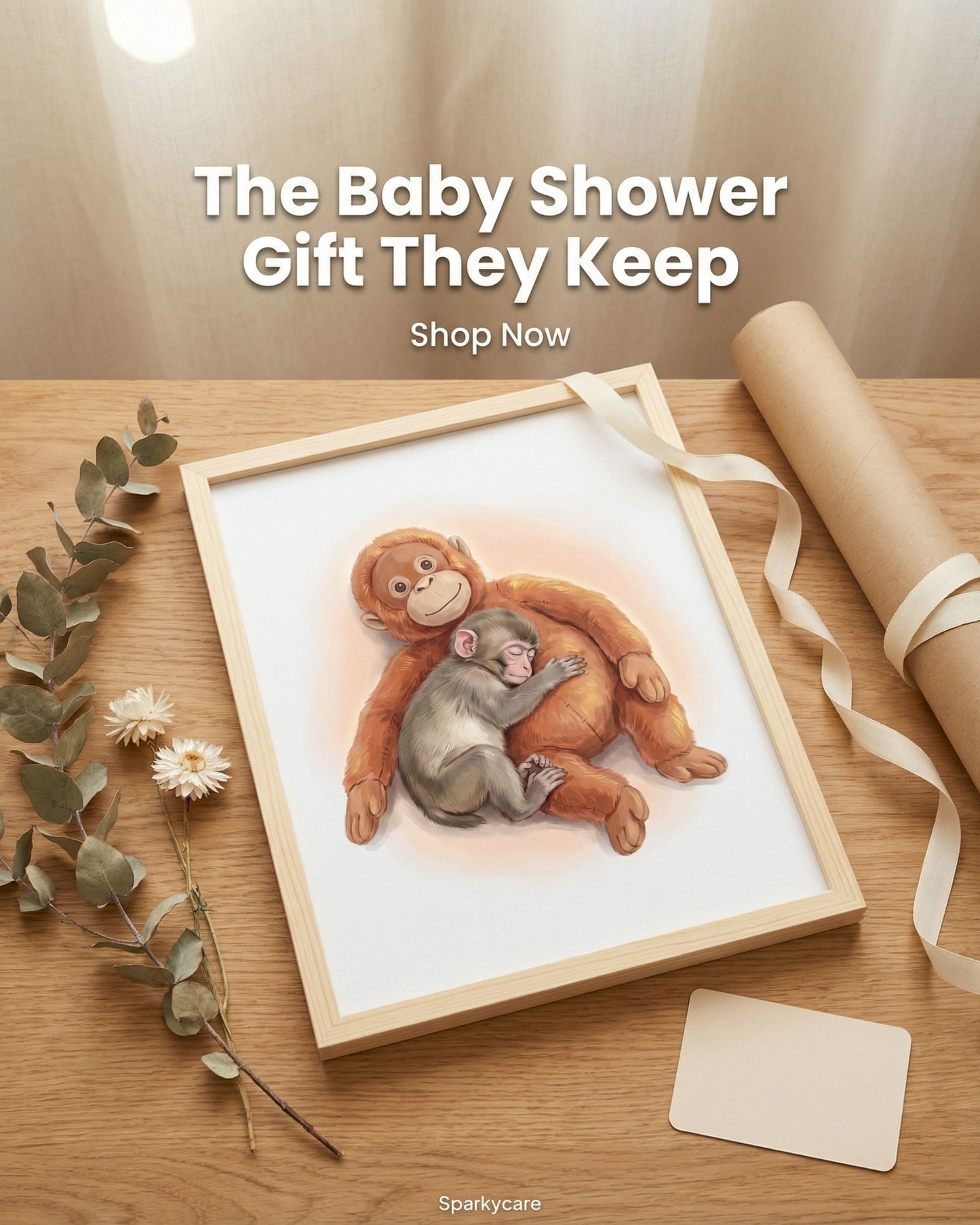 Framed artwork of a monkey and baby on a wooden surface with decorative elements.