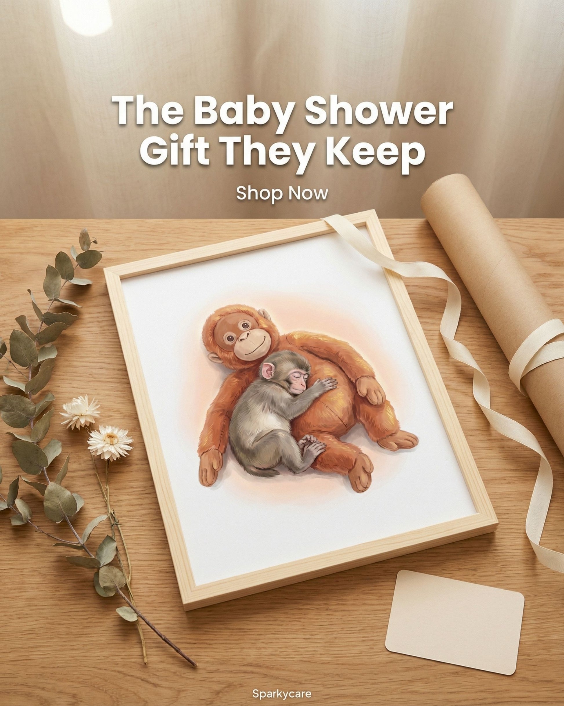 Framed artwork of a monkey and baby on a wooden surface with decorative elements.
