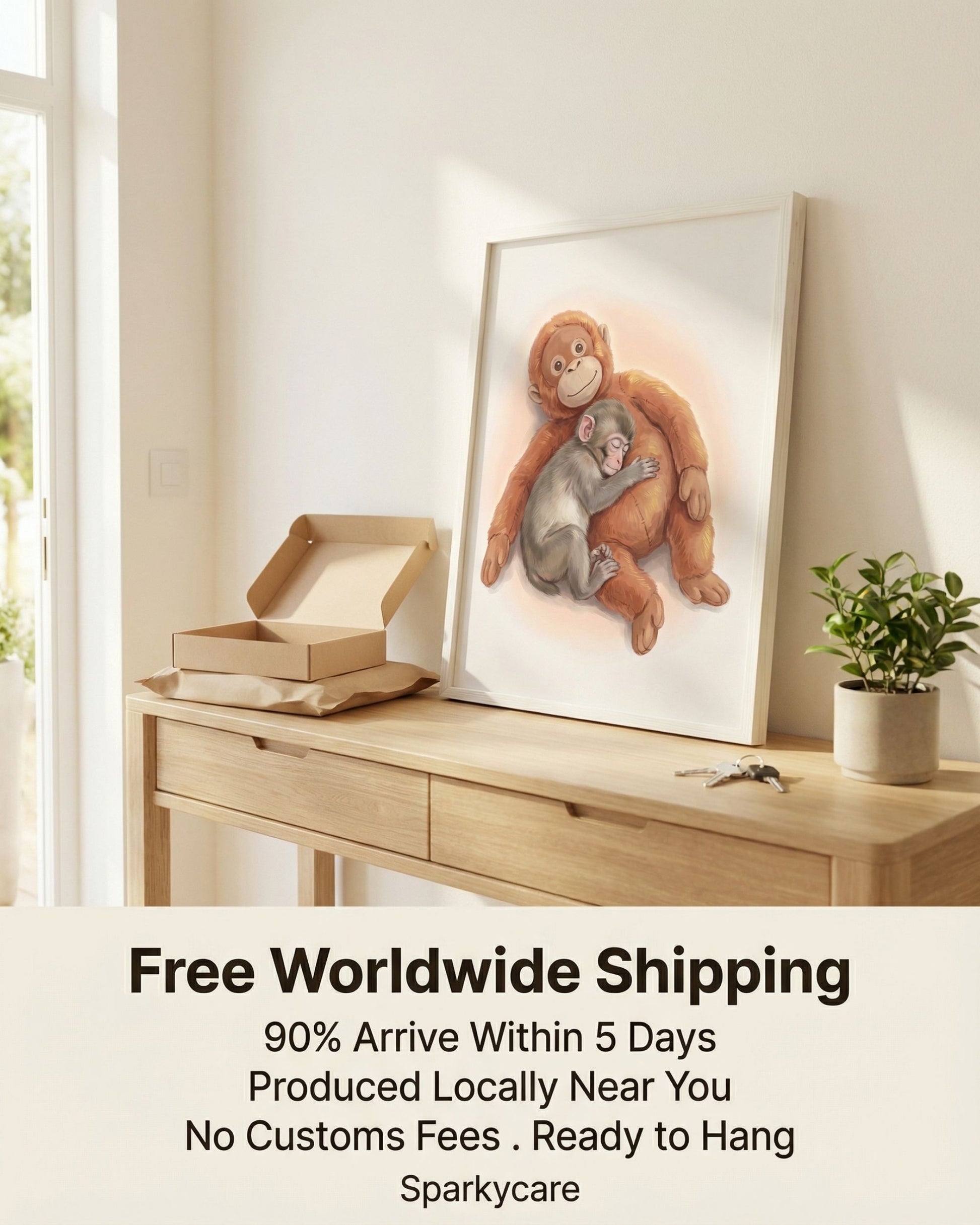 Framed artwork of a monkey and child on a wooden table with free shipping text overlay.