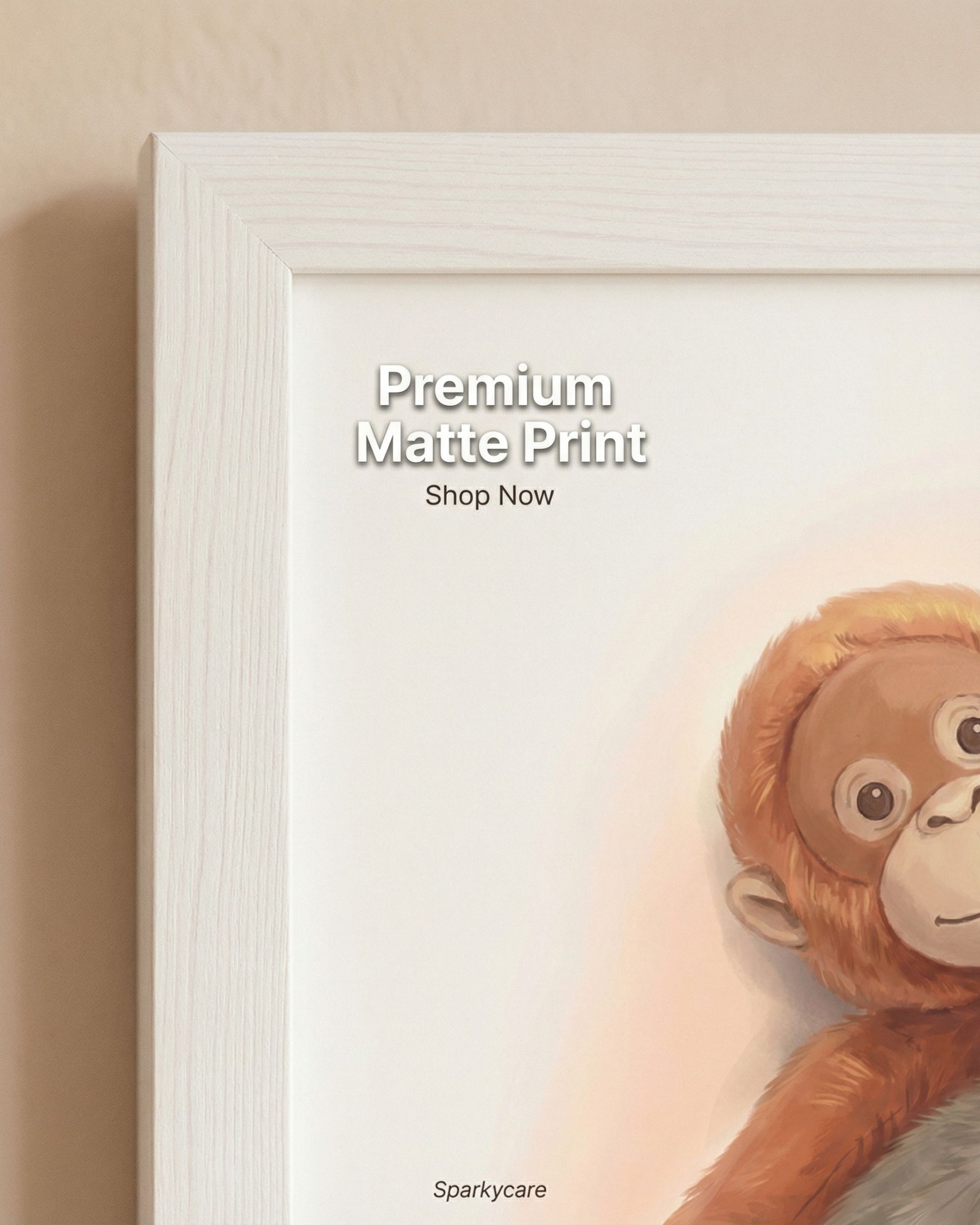 Framed artwork of a monkey with 'Premium Matte Print' text overlay on a beige background
