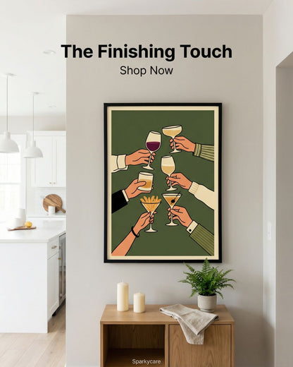 Framed artwork of hands clinking glasses in a kitchen setting with 'The Finishing Touch' text.