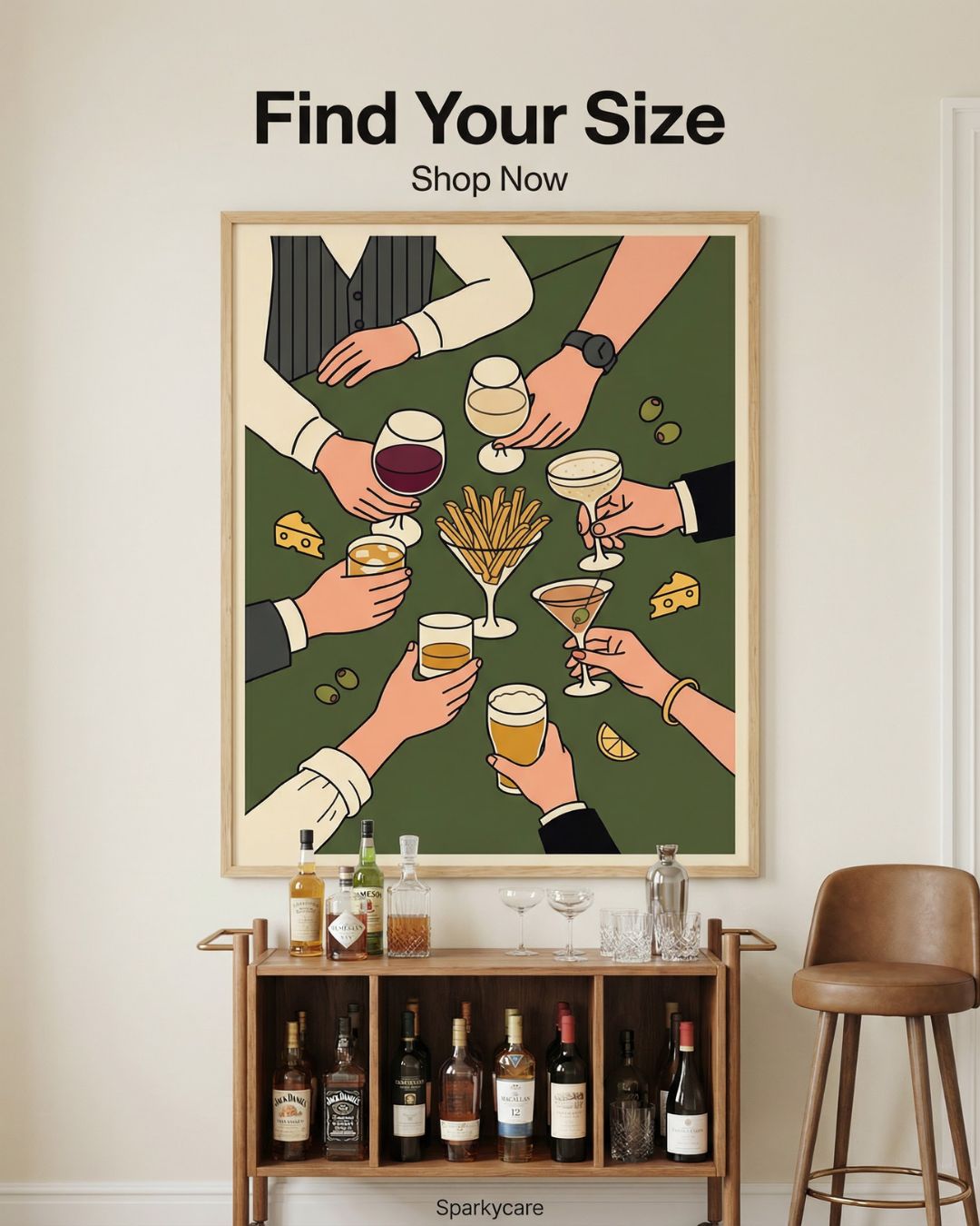 Framed artwork of hands holding drinks above a bar setup with 'Find Your Size' text.