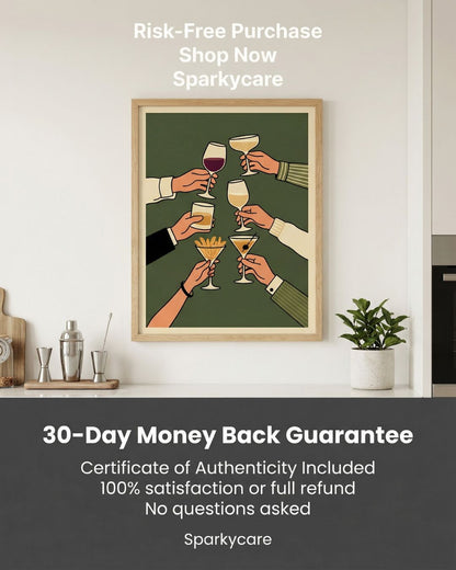 Framed artwork of hands holding drinks against a green background, displayed on a wall with kitchen items.
