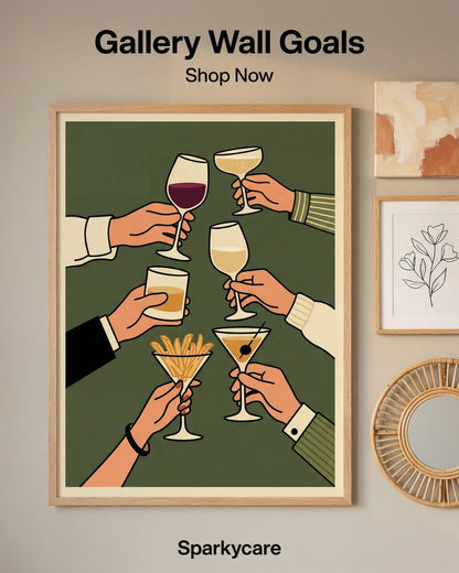 Framed artwork of hands holding drinks and food on a wall with other decor items.