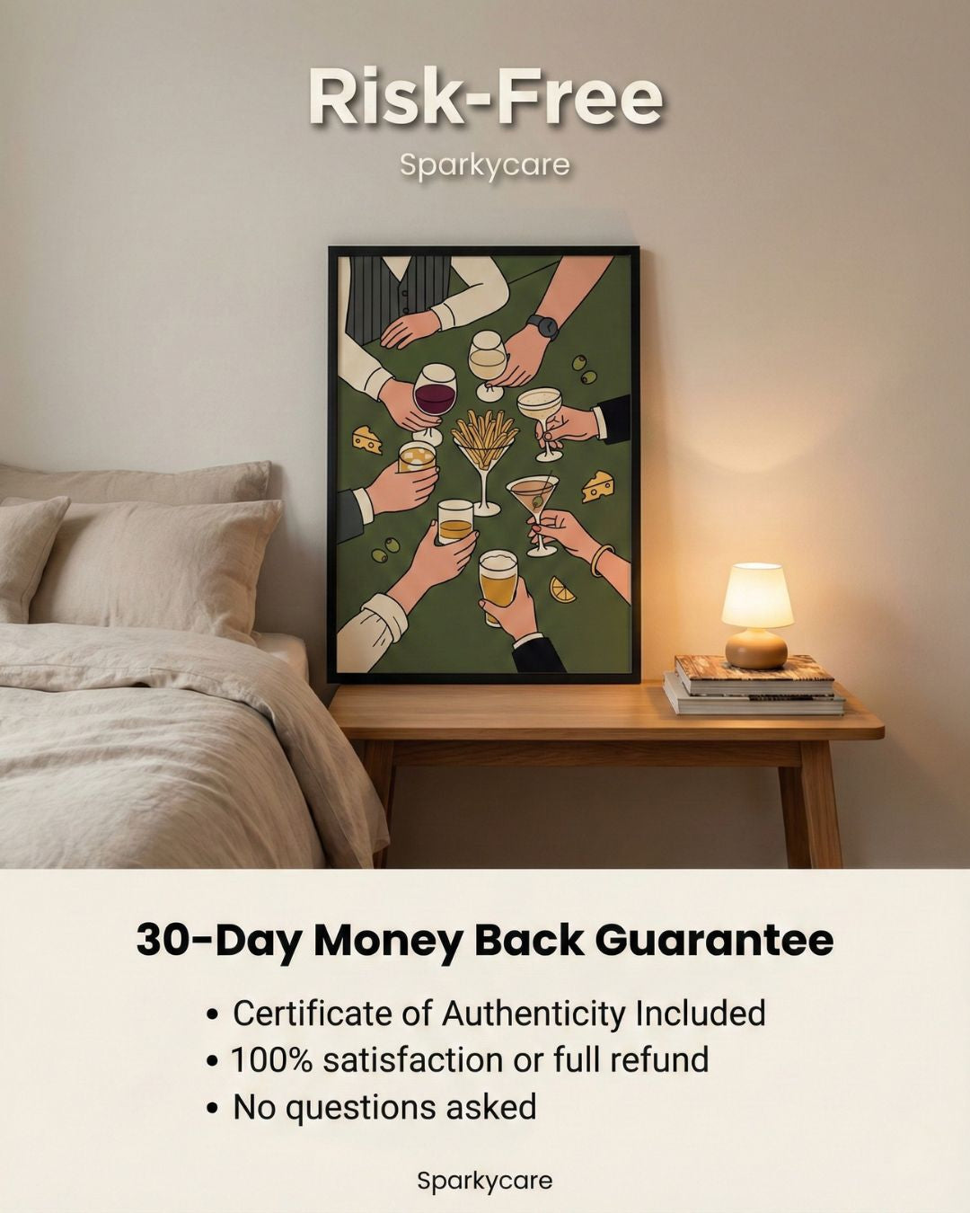 Framed artwork of hands holding drinks on a bedside table with promotional text for Sparkycare.