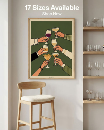 Framed artwork of hands holding drinks on a wall above a bar stool with shelves in the background.