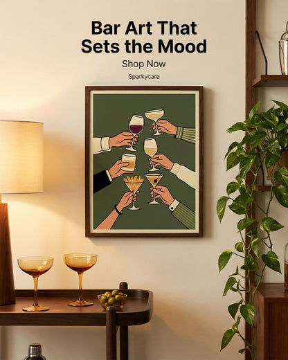 Framed artwork of hands holding drinks on a wall with decorative elements.