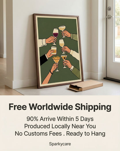 Framed artwork of hands holding drinks on a wall with promotional text about free worldwide shipping.