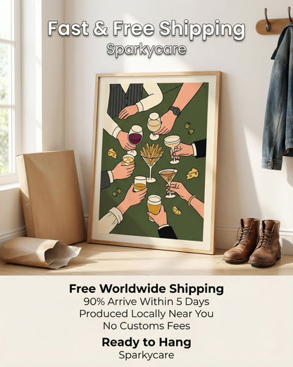 Framed artwork of hands holding drinks on a wall with promotional text for Sparkycare.