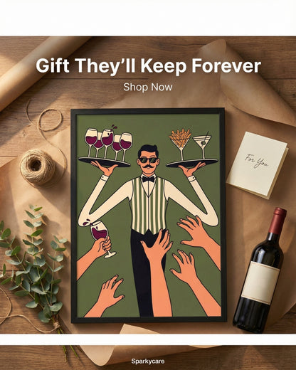 Framed artwork of hands holding drinks with a bottle of champagne on a wooden surface.