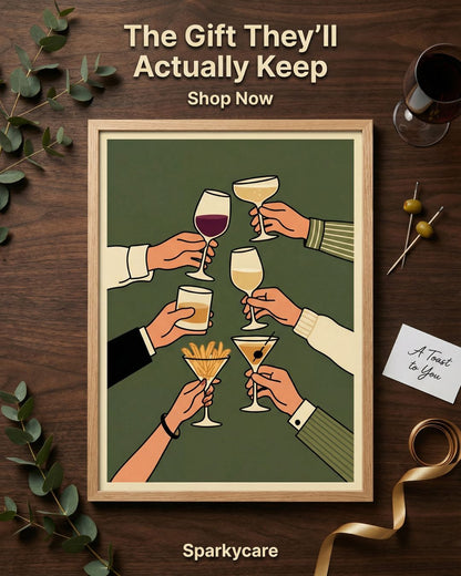 Framed artwork of hands toasting with drinks on a wooden surface with text 'The Gift They'll Actually Keep' and 'Shop Now'.