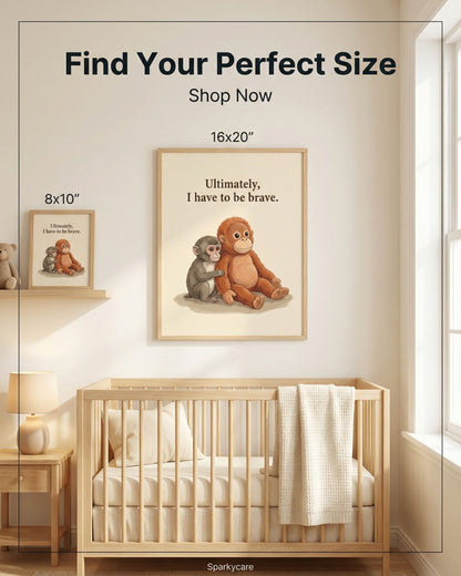 Framed artwork of two monkeys in a nursery with a crib and shelves.