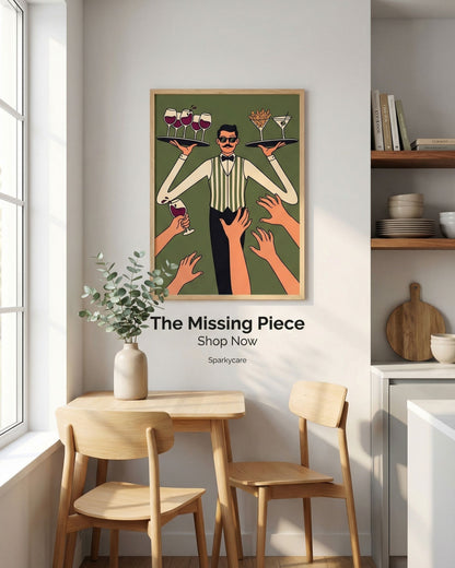 Framed artwork titled 'The Missing Piece' in a modern kitchen setting.
