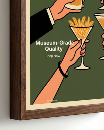Framed artwork with a hand holding a drink and fries, and text about museum-grade quality.