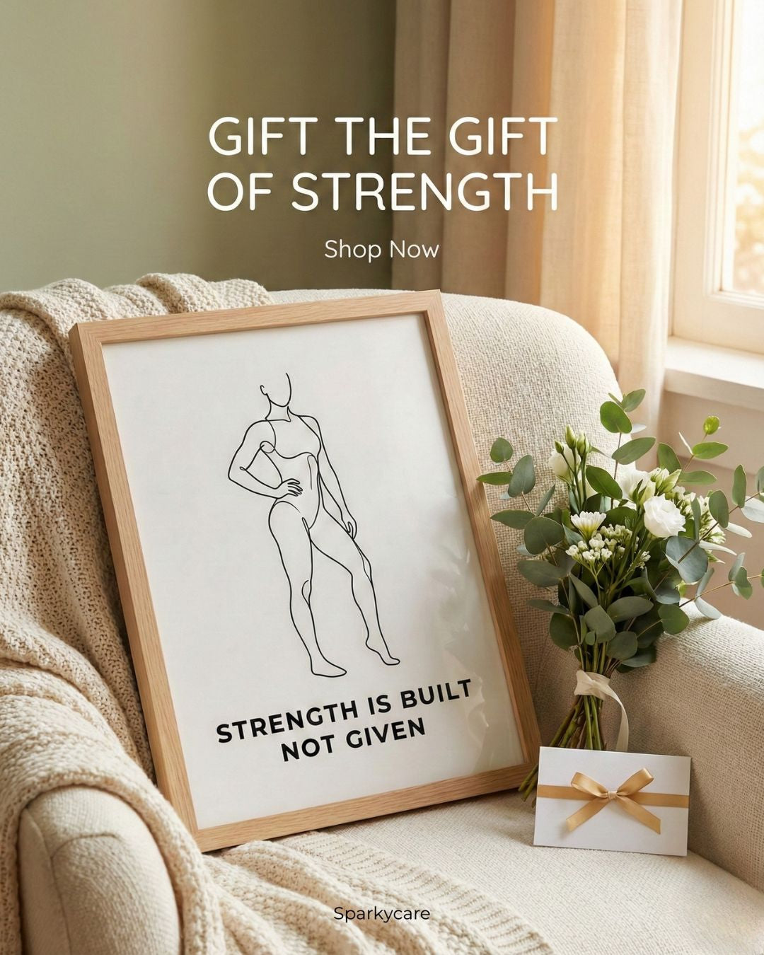 Framed artwork with motivational quote on a couch with a gift and flowers.