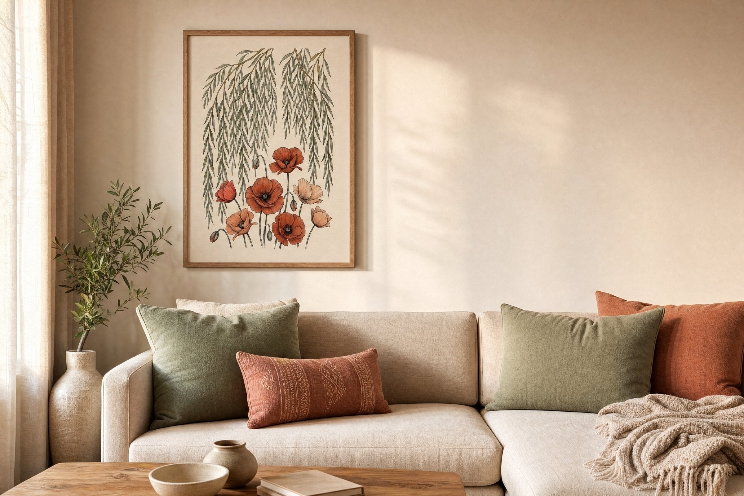 Framed botanical wall art print in a natural wood frame above a sofa in a warm living room