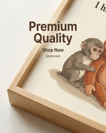 Framed illustration of two monkeys with 'Premium Quality' text and 'Shop Now' call to action.
