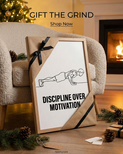 Framed motivational poster with 'Discipline Over Motivation' text on a gift box, surrounded by festive decor.