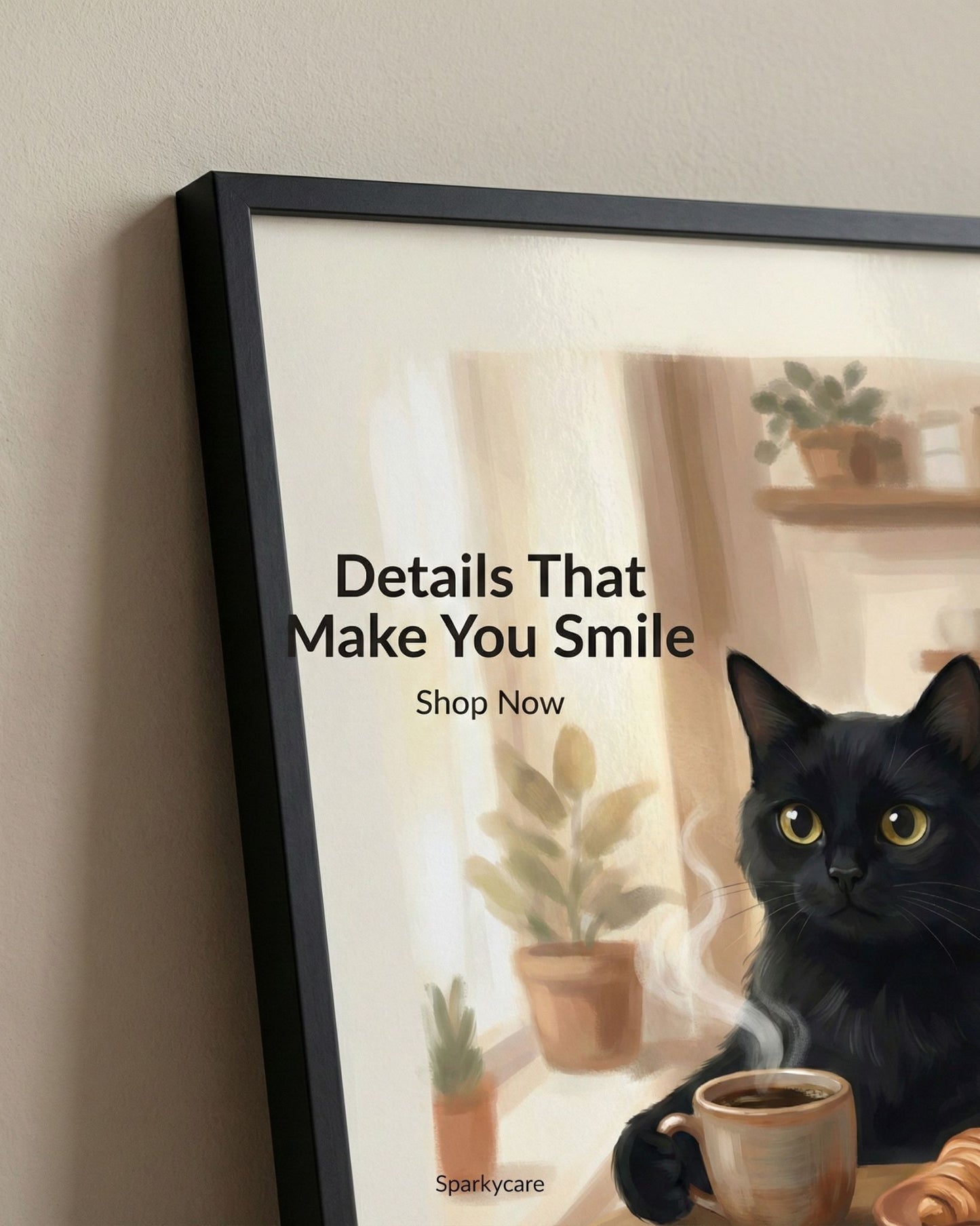 Framed picture of a black cat with a cup and croissant, with text 'Details That Make You Smile' and 'Shop Now' by Sparklycare.
