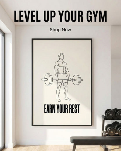 Framed poster with a bodybuilder holding a barbell and 'Earn Your Rest' text in a gym setting.