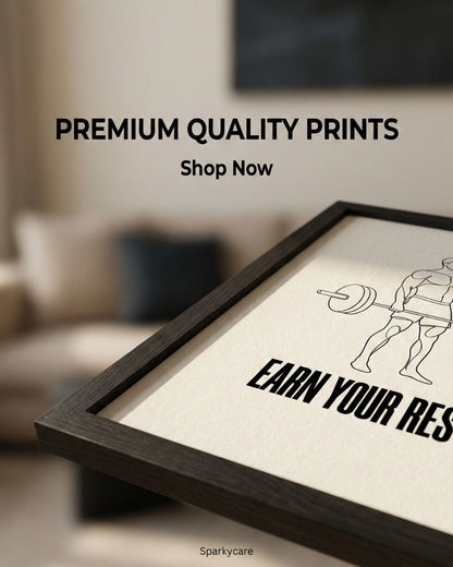 Framed print with 'Earn Your Rest' text and a bodybuilder illustration on a blurred home interior background.
