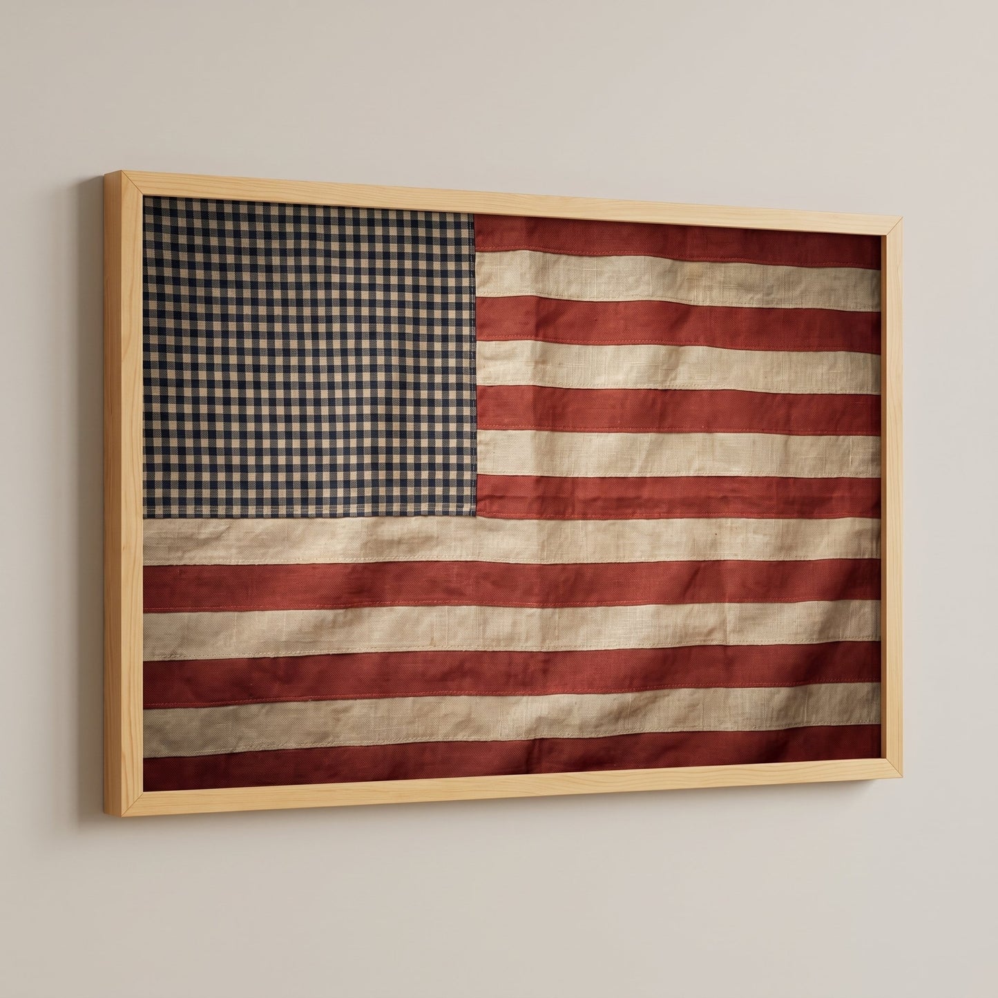 Framed vintage American flag print with gingham canton and aged red and ivory stripes on a white wall