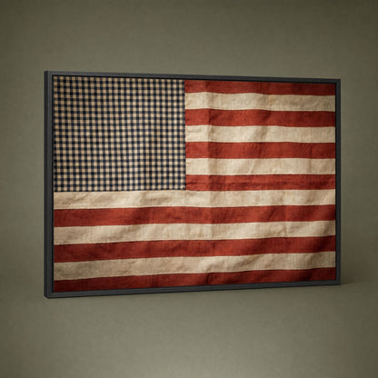 Framed vintage American flag wall art, 40 by 28 inches, in a black frame on a plain olive ground