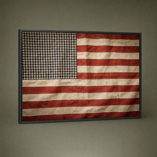 Framed vintage American flag wall art, 40 by 28 inches, in a black frame on a plain olive ground