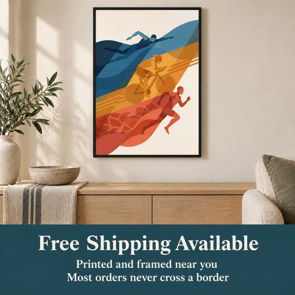 Free shipping available on this framed triathlon print, produced and framed close to you