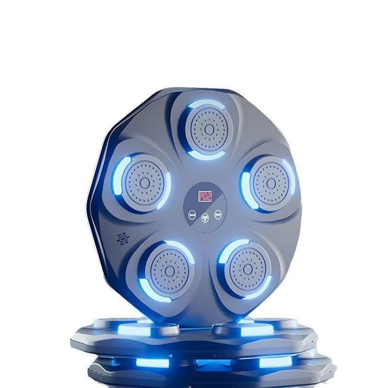 Freestanding display of music boxing machine with glowing strike zones on a clean background