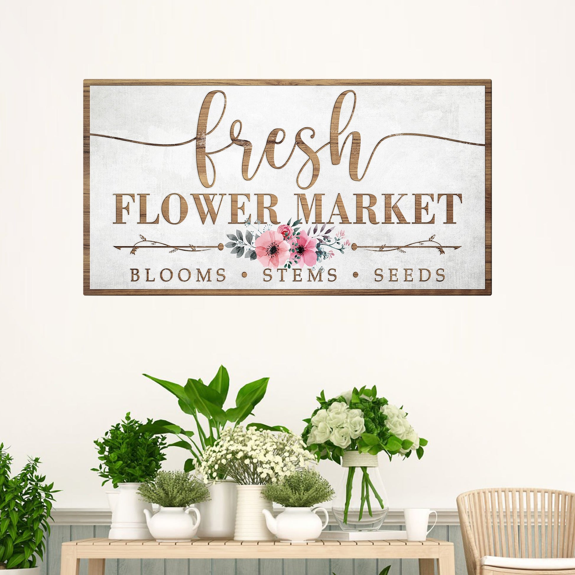 Fresh Flower Market canvas wall art sign with botanical styling, gallery-wrapped, ready to hang