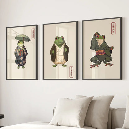 Whimsical Japanese Frog Wall Art Set of 3 Prints