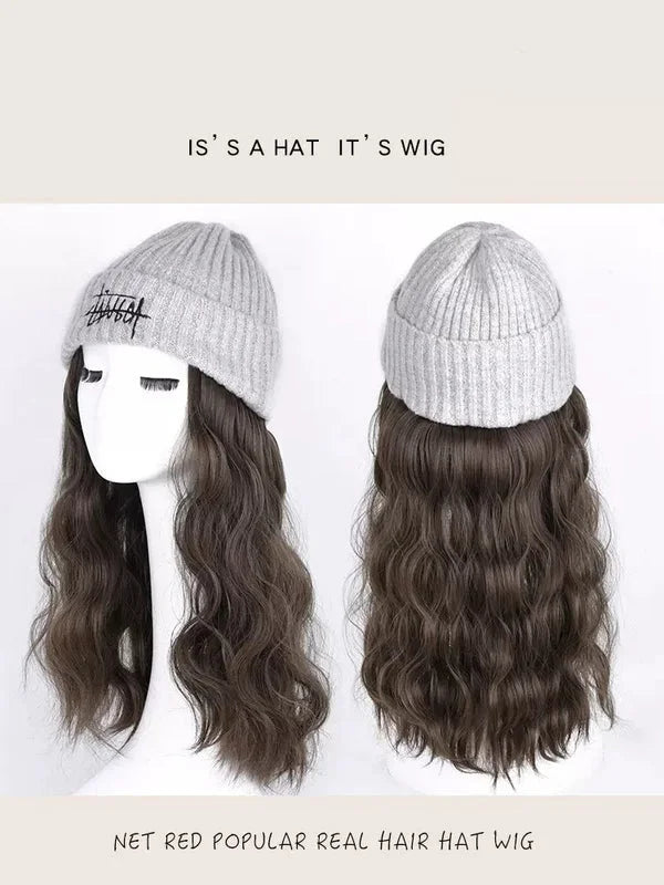 Front and back view of grey ribbed knit beanie with attached long wavy dark hair wig on mannequin