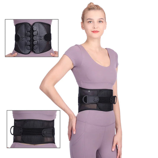 Front view of woman using the adjustable lumbar support belt with detailed close-up inserts.