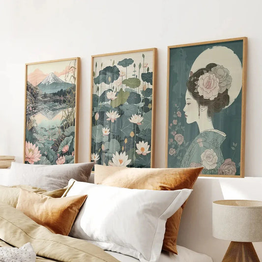 Japanese nature 3 piece wall art set with geisha, lotus pond, and Mount Fuji