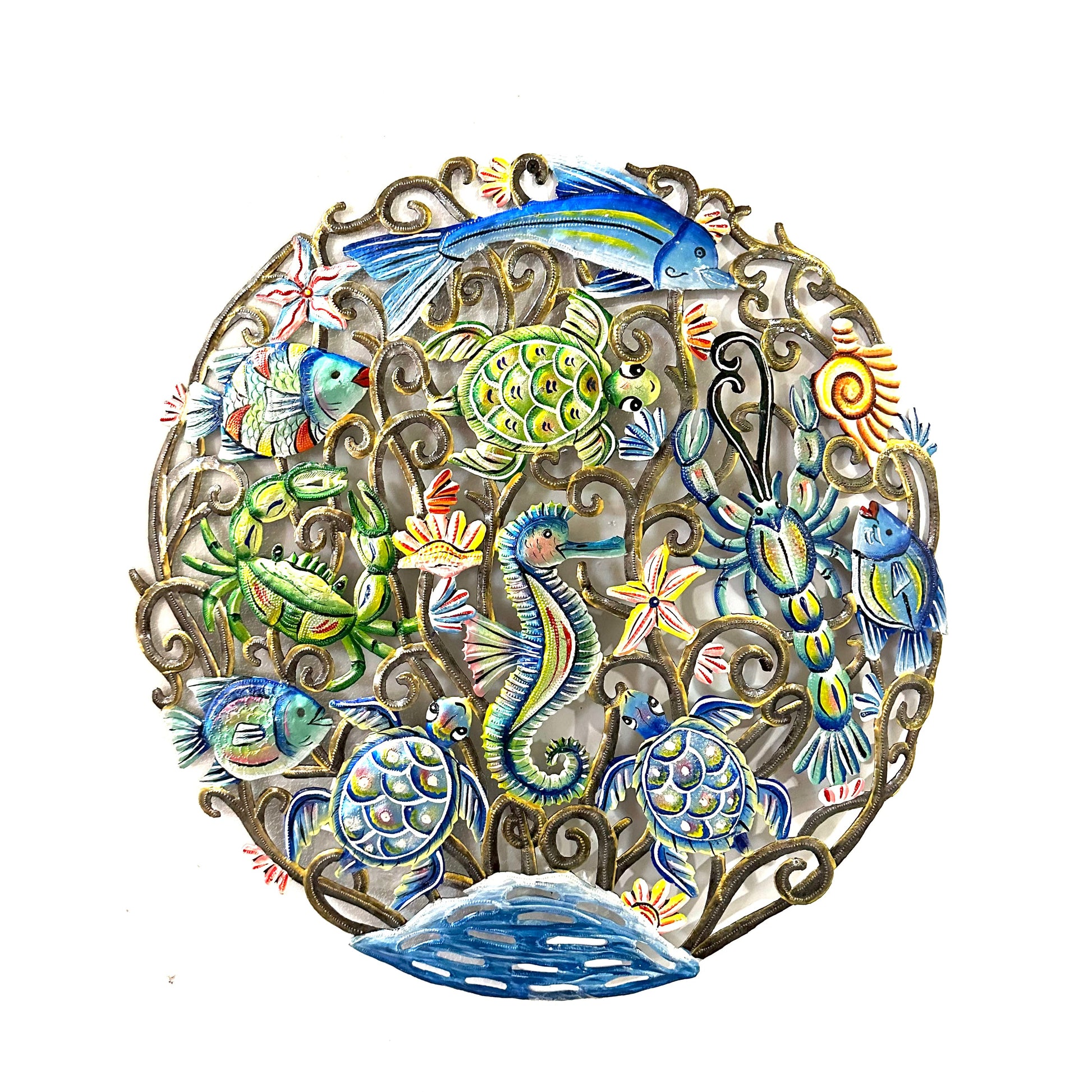 Hand-hammered Haitian steel drum ocean scene metal wall art