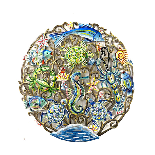Hand-hammered Haitian steel drum ocean scene metal wall art