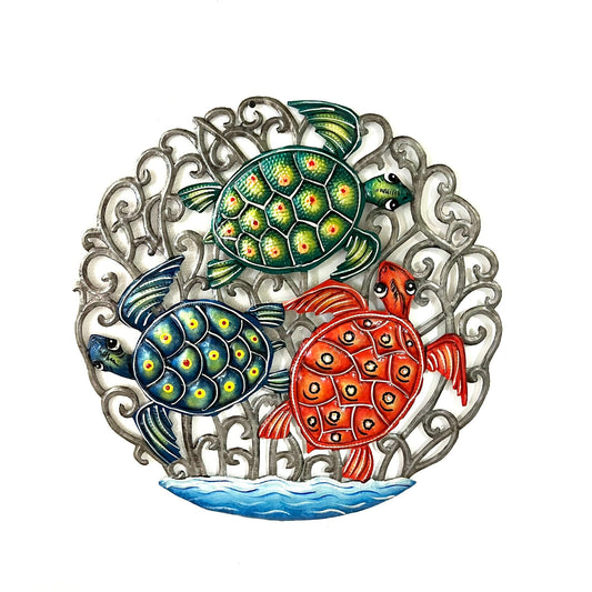 Hand-hammered Haitian steel drum three sea turtles metal wall art