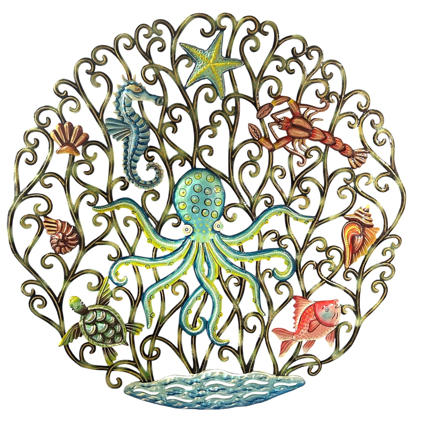 Oversized hand-hammered Haitian steel drum octopus metal wall art
