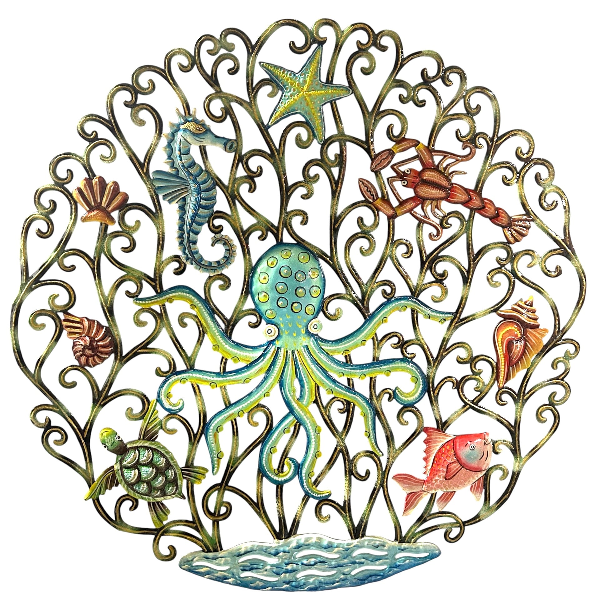 Oversized hand-hammered Haitian steel drum octopus metal wall art