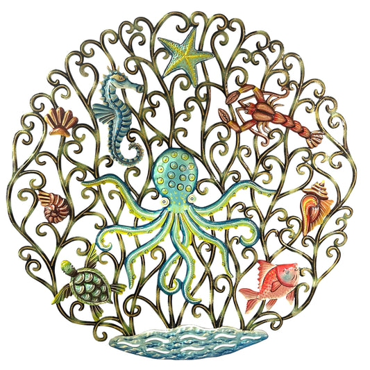 Oversized hand-hammered Haitian steel drum octopus metal wall art