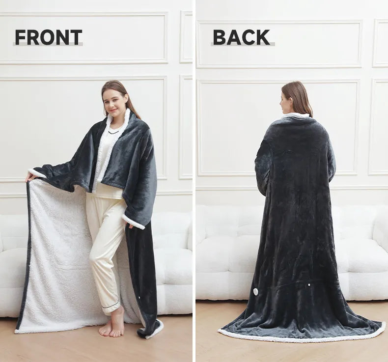 Full body heated blanket with sleeves front and back view