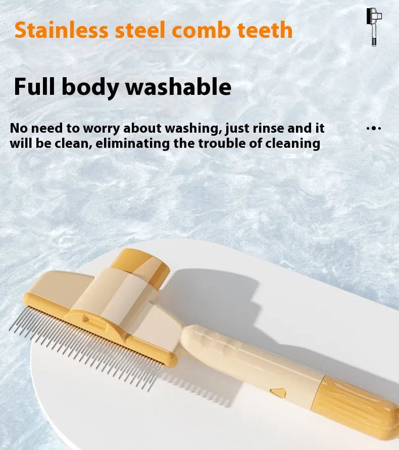 Full body washable pet comb being rinsed under water showing stainless steel construction