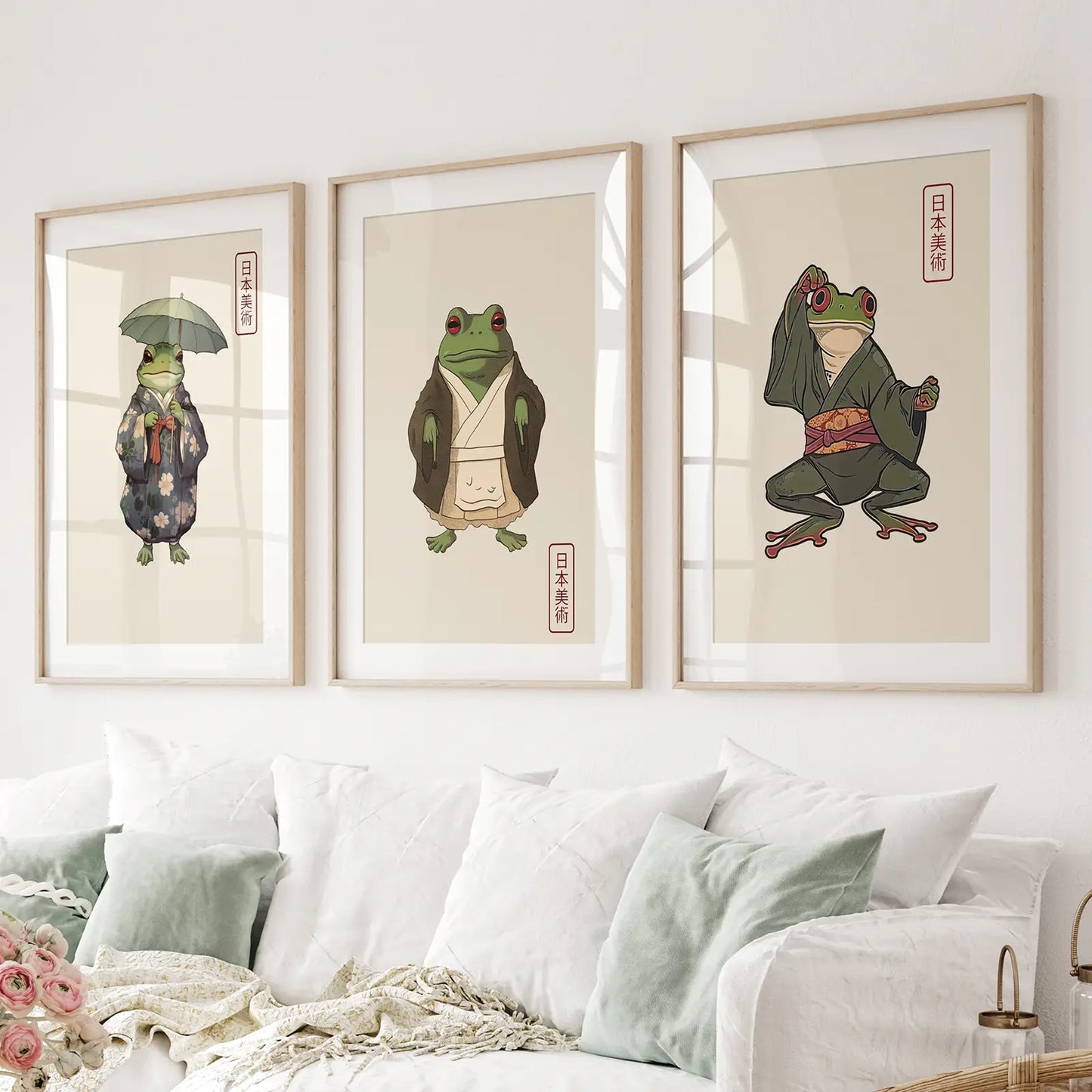 Whimsical Japanese Frog Wall Art Set of 3 Prints
