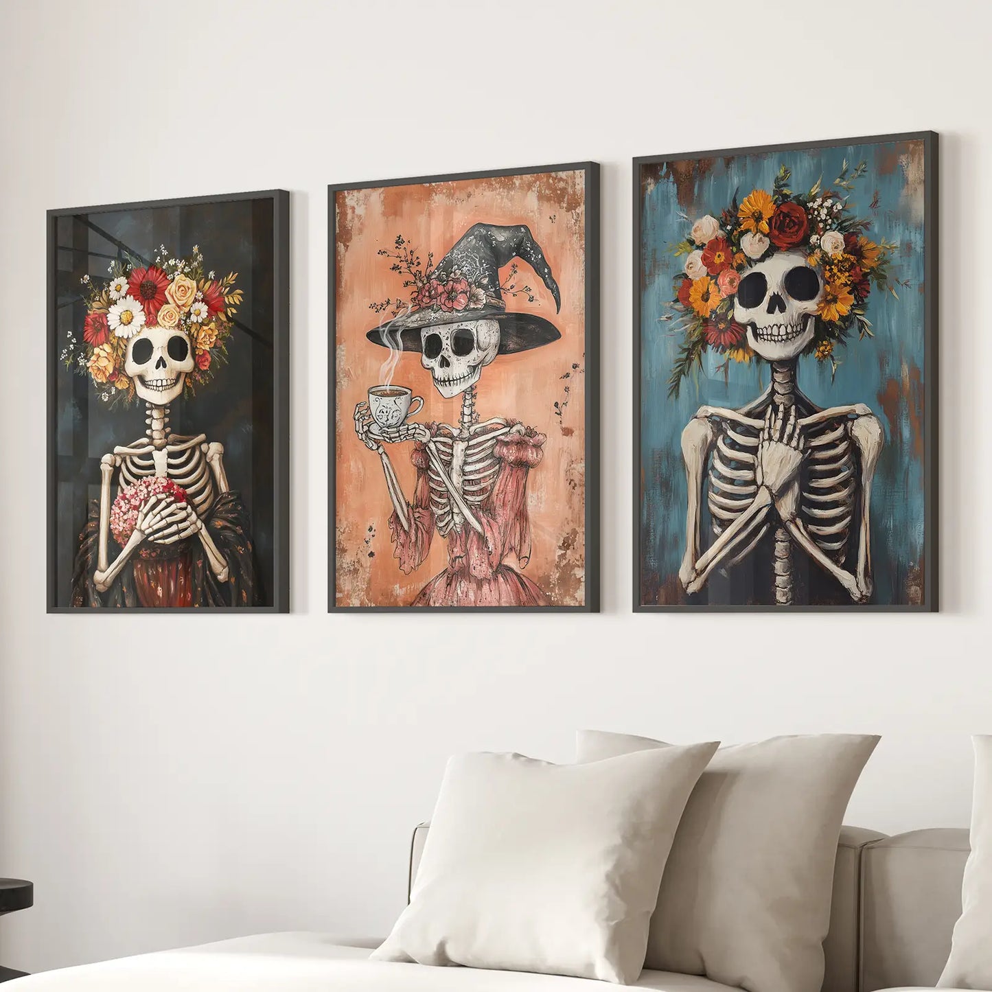 Cozy Floral Skeleton Halloween Wall Art Poster Set