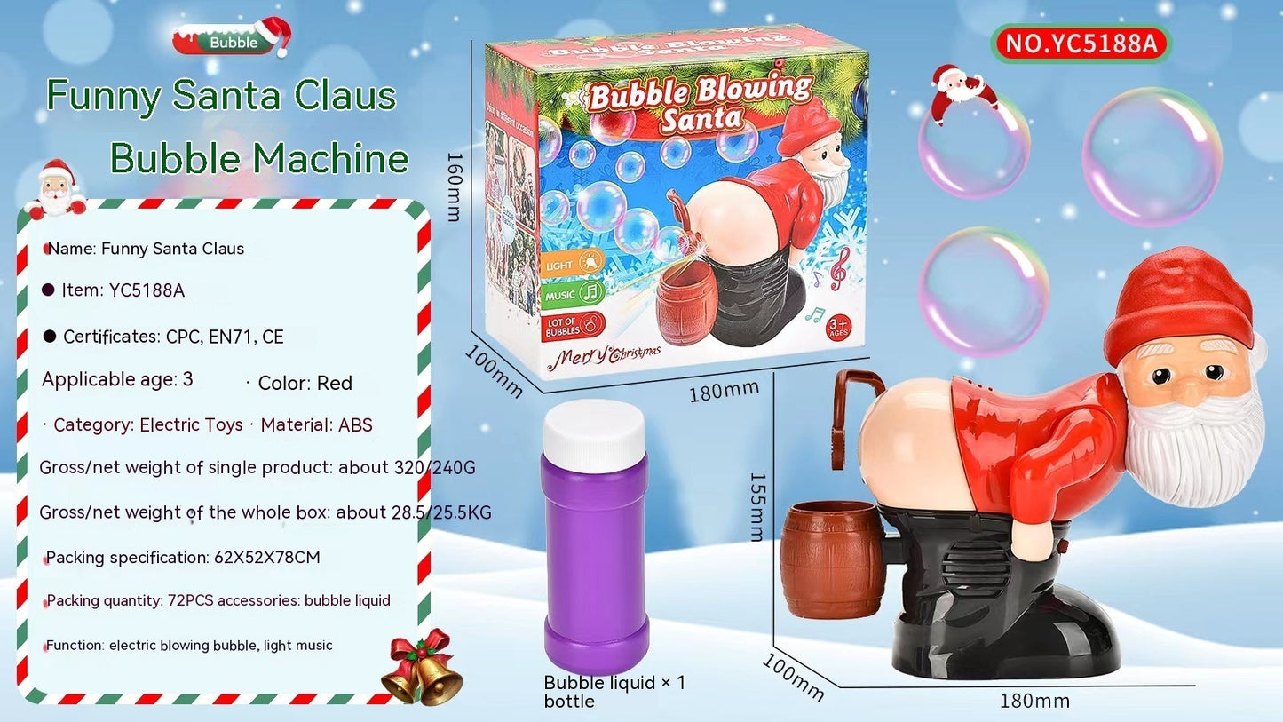 Funny Santa Claus bubble machine with packaging and specifications on a blue background