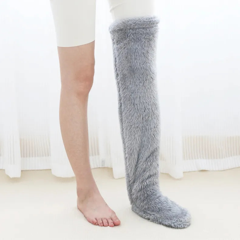 Fuzzy knee socks worn showing how they stay up comfortably