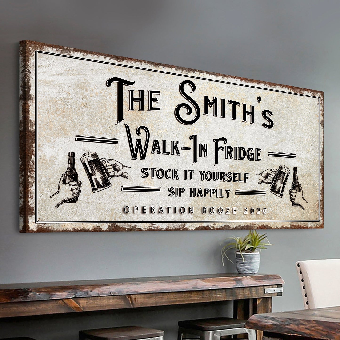 Walk-in fridge stock it yourself bar sign canvas, rustic home bar wall art